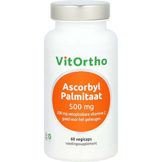 Vegetarian capsules of VitOrtho Ascorbyl Palmitate 500mg, dietary vitamin supplement in clear bottle with label