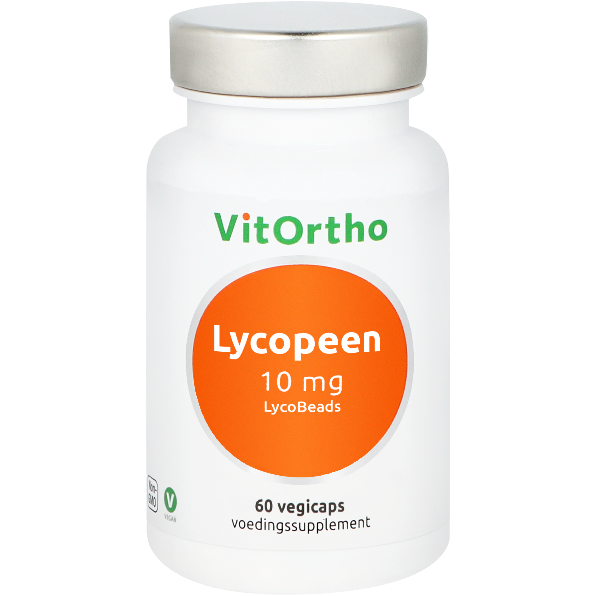 Vegetarian capsules of VitOrtho Lycopeen 10mg dietary supplement, displayed in a clear container with label visible.