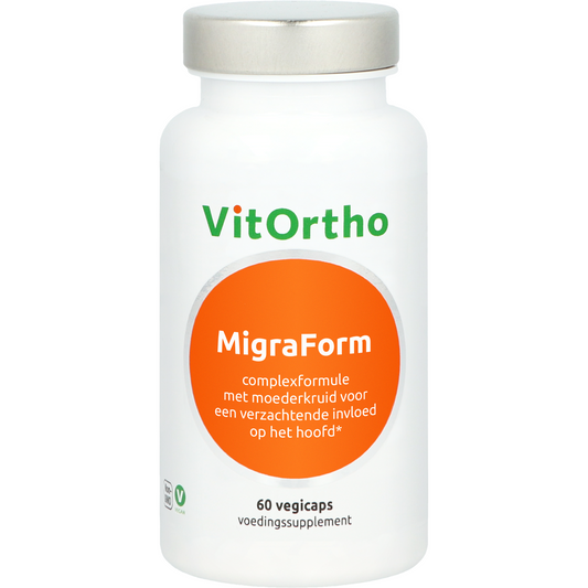 VitOrtho Migraform vegetarian multivitamin capsules in a bottle, dietary supplement for overall health and wellness.