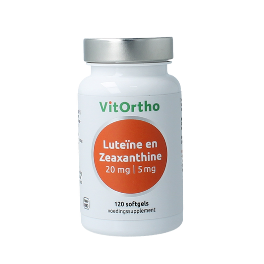 VitOrtho Luteine and zeaxanthine softgels in a bottle, dietary supplement for eye health, herbal preparation by VitOrtho.