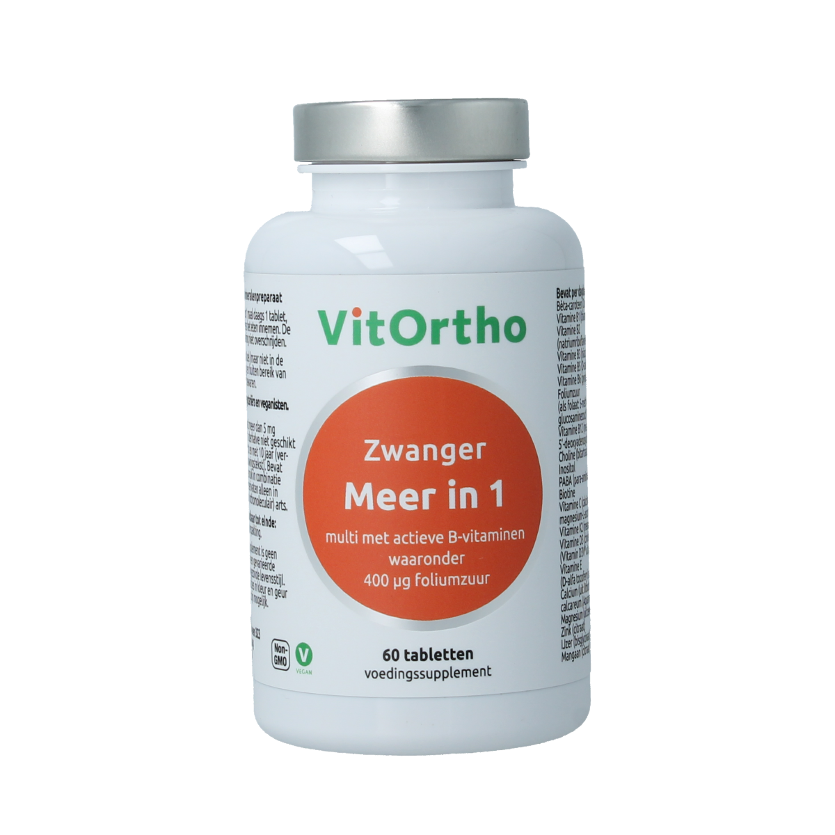 VitOrtho Meer in 1 zwanger multivitamine tabletten, dietary supplement for pregnancy support, close-up of bottle and tablets