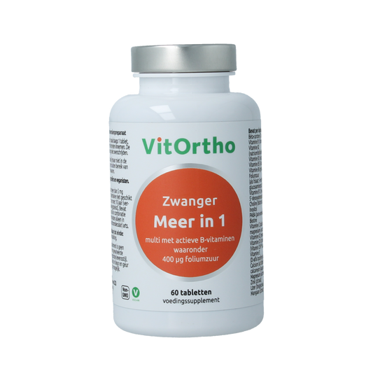 VitOrtho Meer in 1 zwanger multivitamine tabletten, dietary supplement for pregnancy support, close-up of bottle and tablets