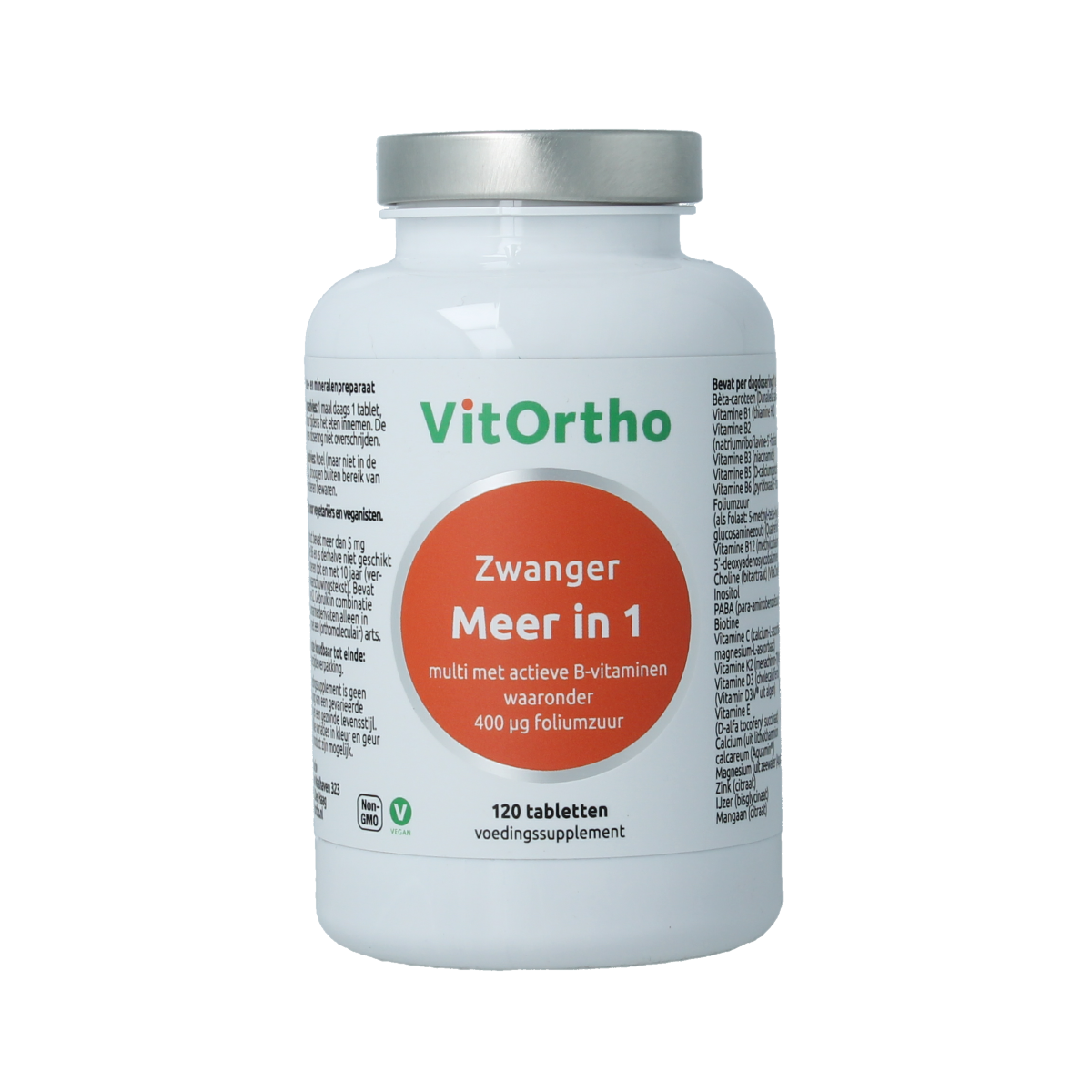 Bottle of VitOrtho Meer in 1 zwanger multivitamin tablets with 120 capsules, designed for pregnancy support.
