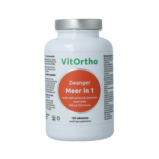 Bottle of VitOrtho Meer in 1 zwanger multivitamin tablets with 120 capsules, designed for pregnancy support.