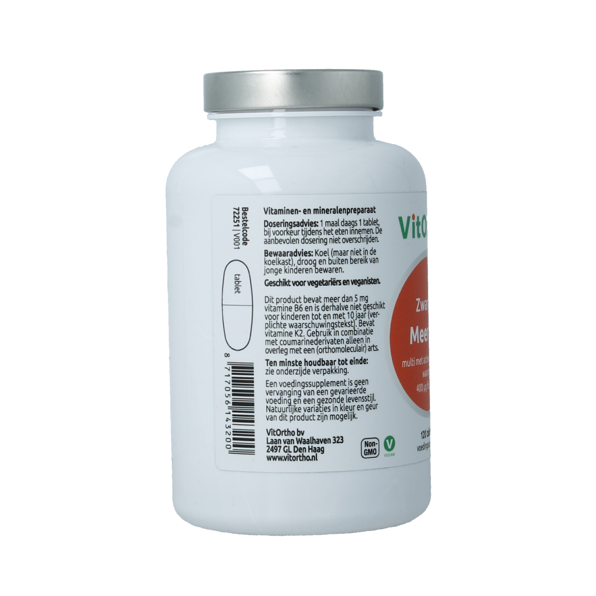 Bottle of VitOrtho Meer in 1 Zwanger multivitamin tablets, dietary supplement for pregnancy health, 120 count.