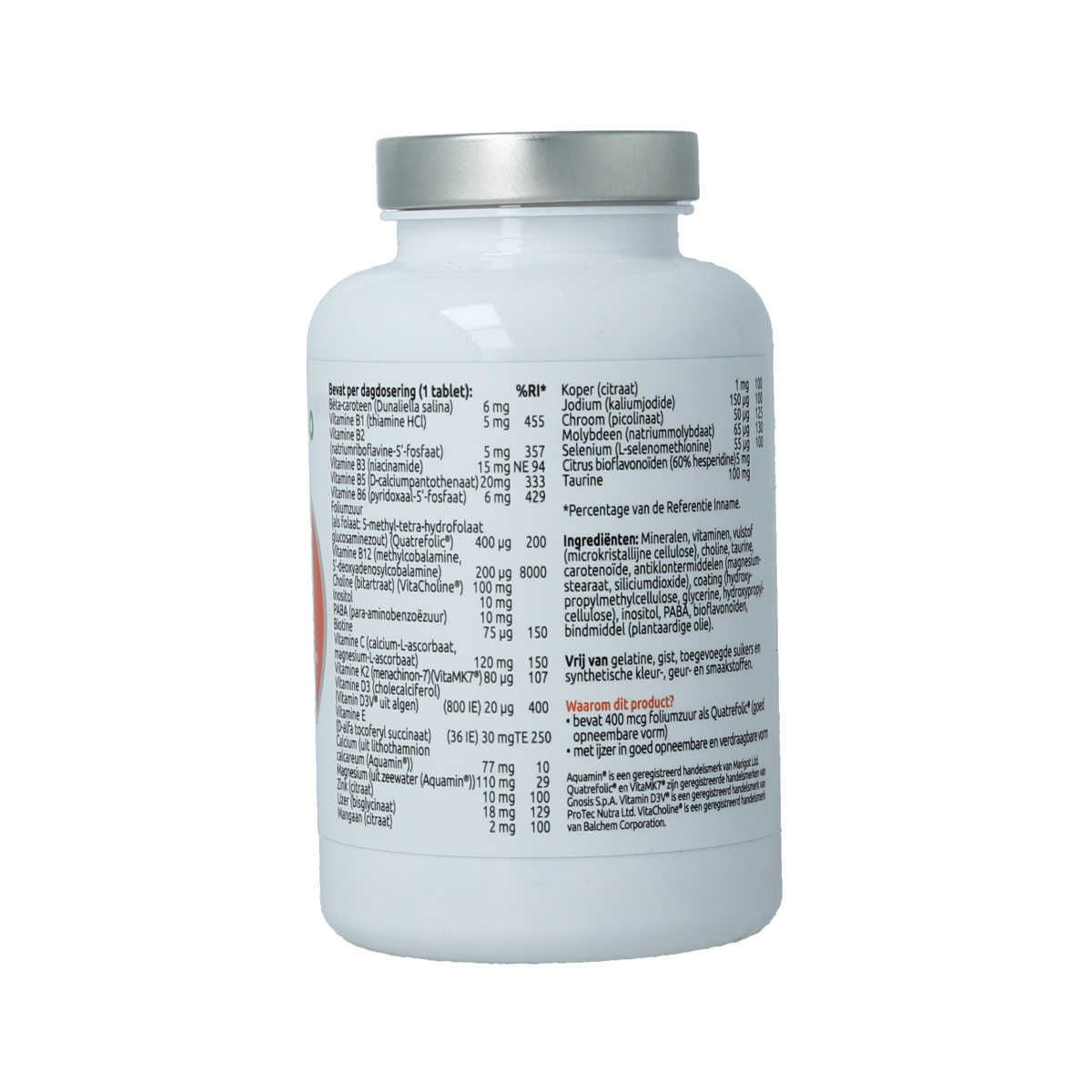 VitOrtho Meer in 1 zwanger multivitamine-tabletten, supplement for pregnancy health, showing a bottle of 120 tablets.