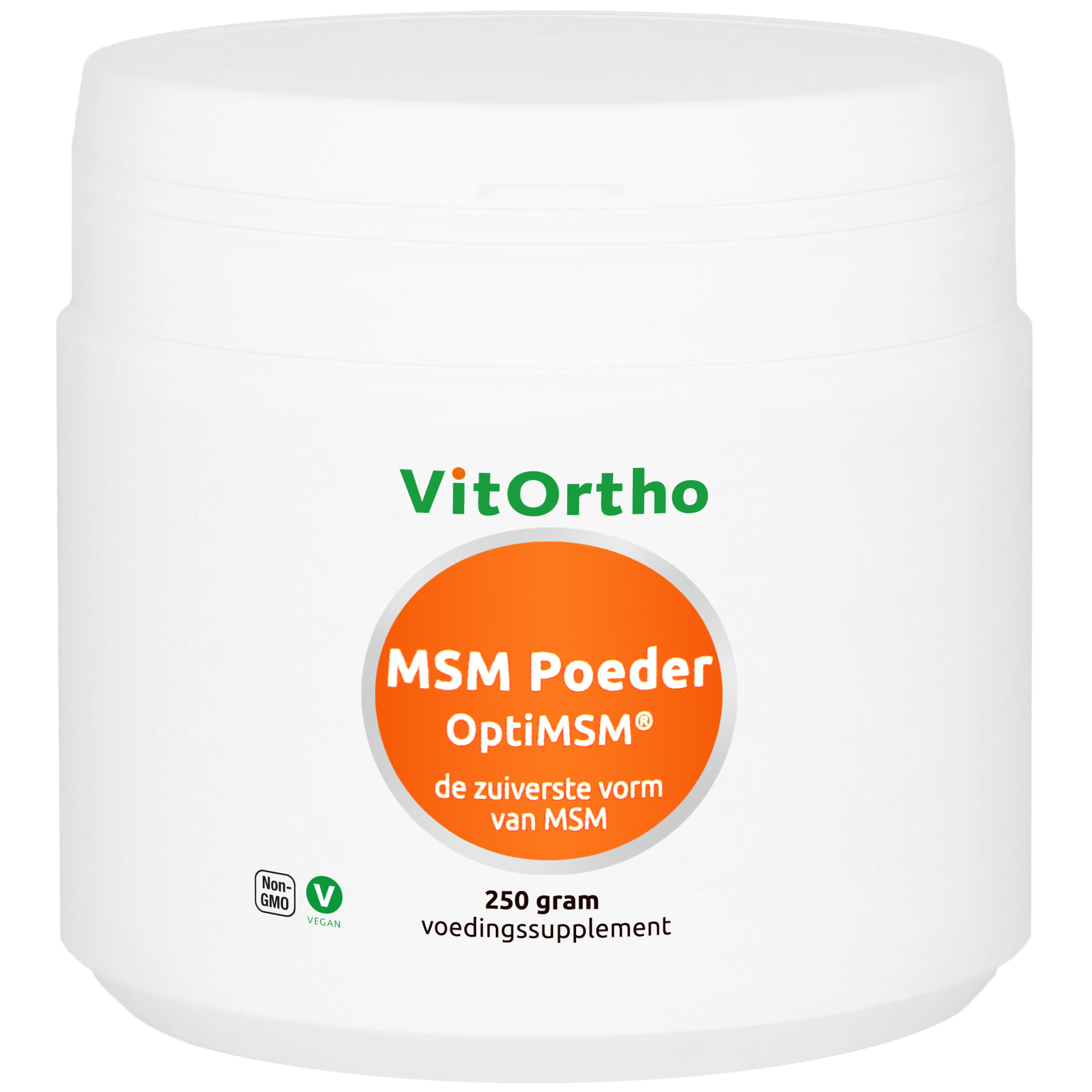 Bottle of VitOrtho MSM powder mineral supplement with 250g label, showing the VitOrtho brand and product packaging.