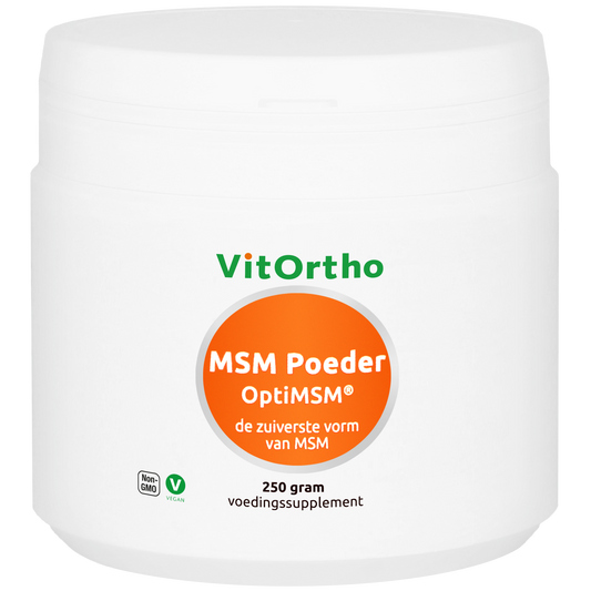 Bottle of VitOrtho MSM powder mineral supplement with 250g label, showing the VitOrtho brand and product packaging.