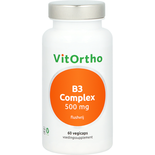 Vegetarian VitOrtho B3 complex 500mg flush-free capsules, dietary supplement in a white bottle with capsules visible inside.