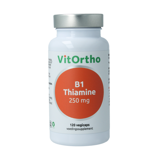 VitOrtho B1 Thiamine 250mg vegetarian capsules, dietary supplement for energy and nerve health, shown in bottle label