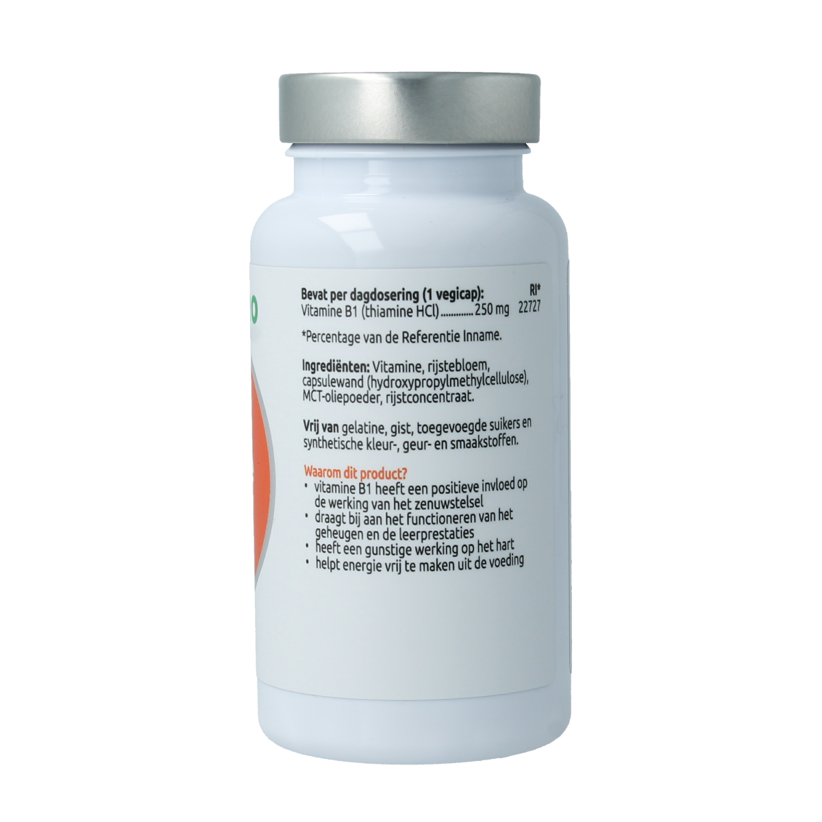 VitOrtho B1 Thiamine 250mg vegetarian capsules, supplement bottle with capsules inside, dietary vitamin supplement.