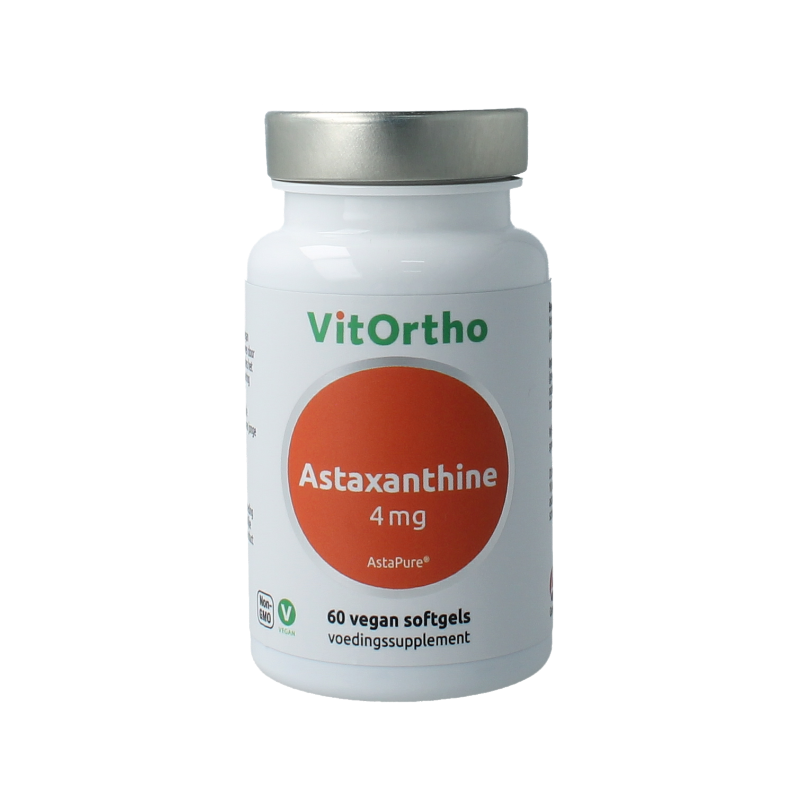 VitOrtho Astaxanthine 4mg Astapure softgels, antioxidant supplement in a transparent bottle with softgel capsules inside.
