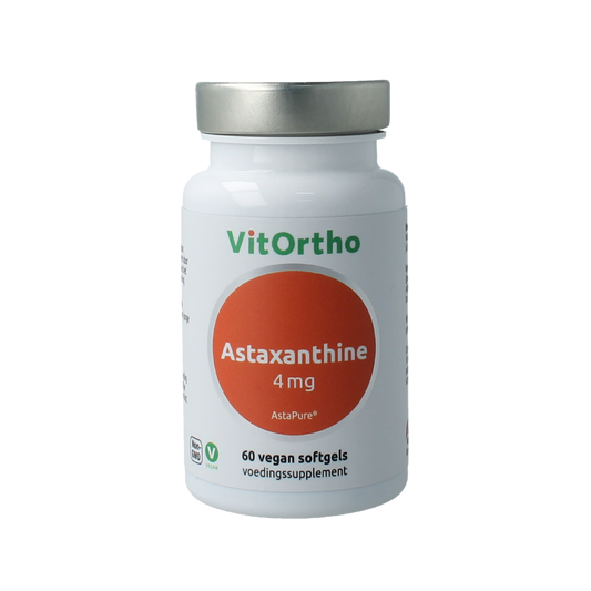 VitOrtho Astaxanthine 4mg Astapure softgels, antioxidant supplement in a transparent bottle with softgel capsules inside.
