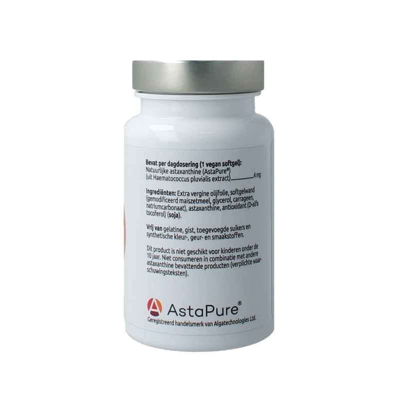 VitOrtho Astaxanthine 4mg softgels in a bottle, dietary supplement from VitOrtho, featuring amber-colored softgel capsules.