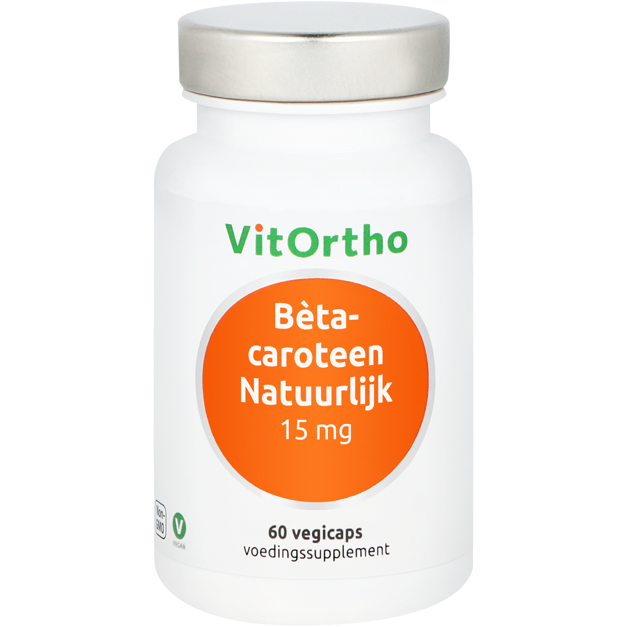VitOrtho Beta-caroteen natuurlijke 15mg vegetarische capsules, supplement in capsule form with orange color and label.