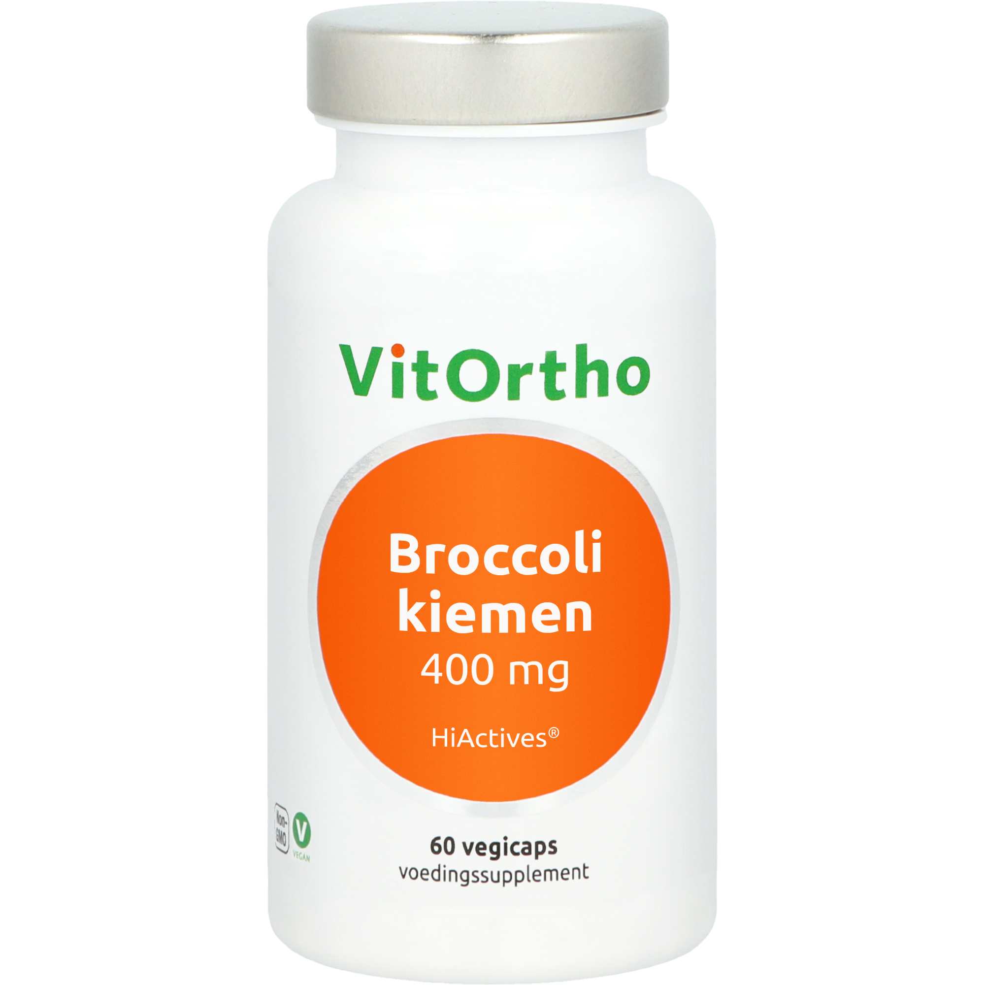 VitOrtho Broccolikiemen 400mg herbal capsules, vegetarian supplement with fresh broccoli sprout imagery.