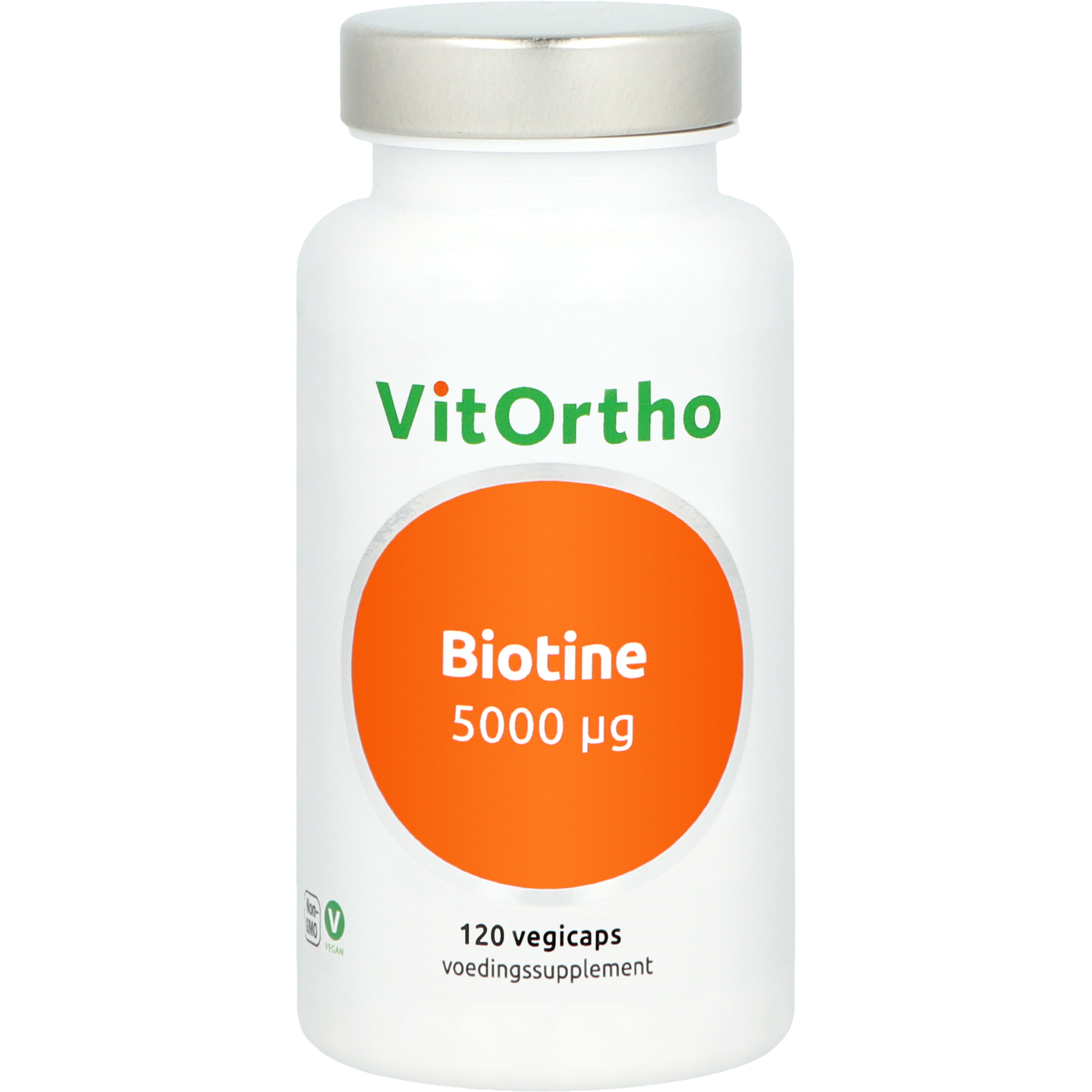 VitOrtho Biotine 5000mcg vegetarian capsules, dietary vitamin supplement bottle with capsules visible.