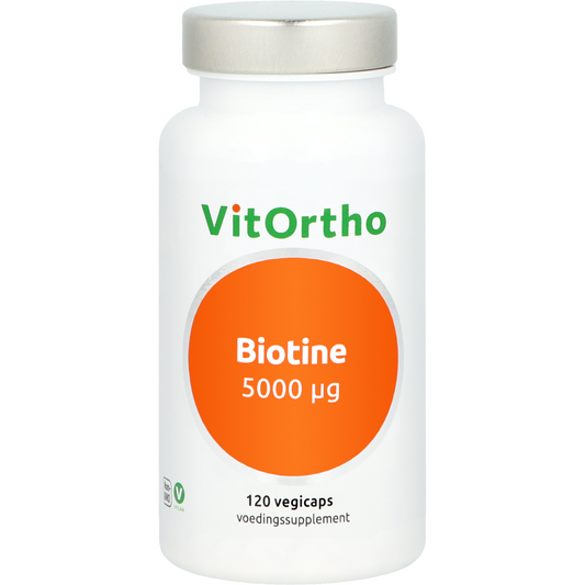 VitOrtho Biotine 5000mcg vegetarian capsules, dietary vitamin supplement bottle with capsules visible.