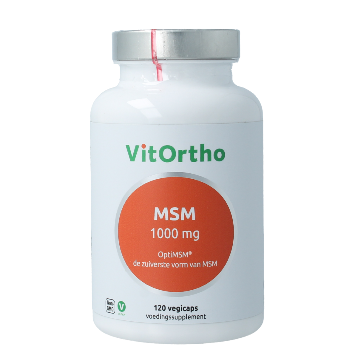 VitOrtho MSM 1000mg OptiMSM vegetarian capsules, mineral supplement with 120 capsules shown in the image.