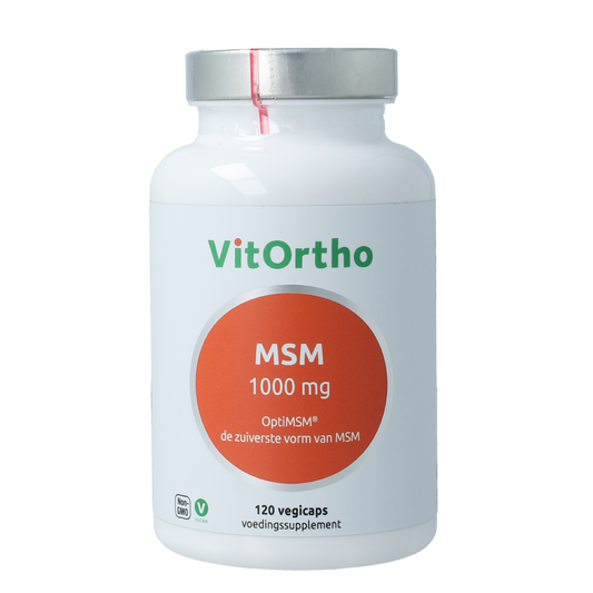 VitOrtho MSM 1000mg OptiMSM vegetarian capsules, mineral supplement with 120 capsules shown in the image.