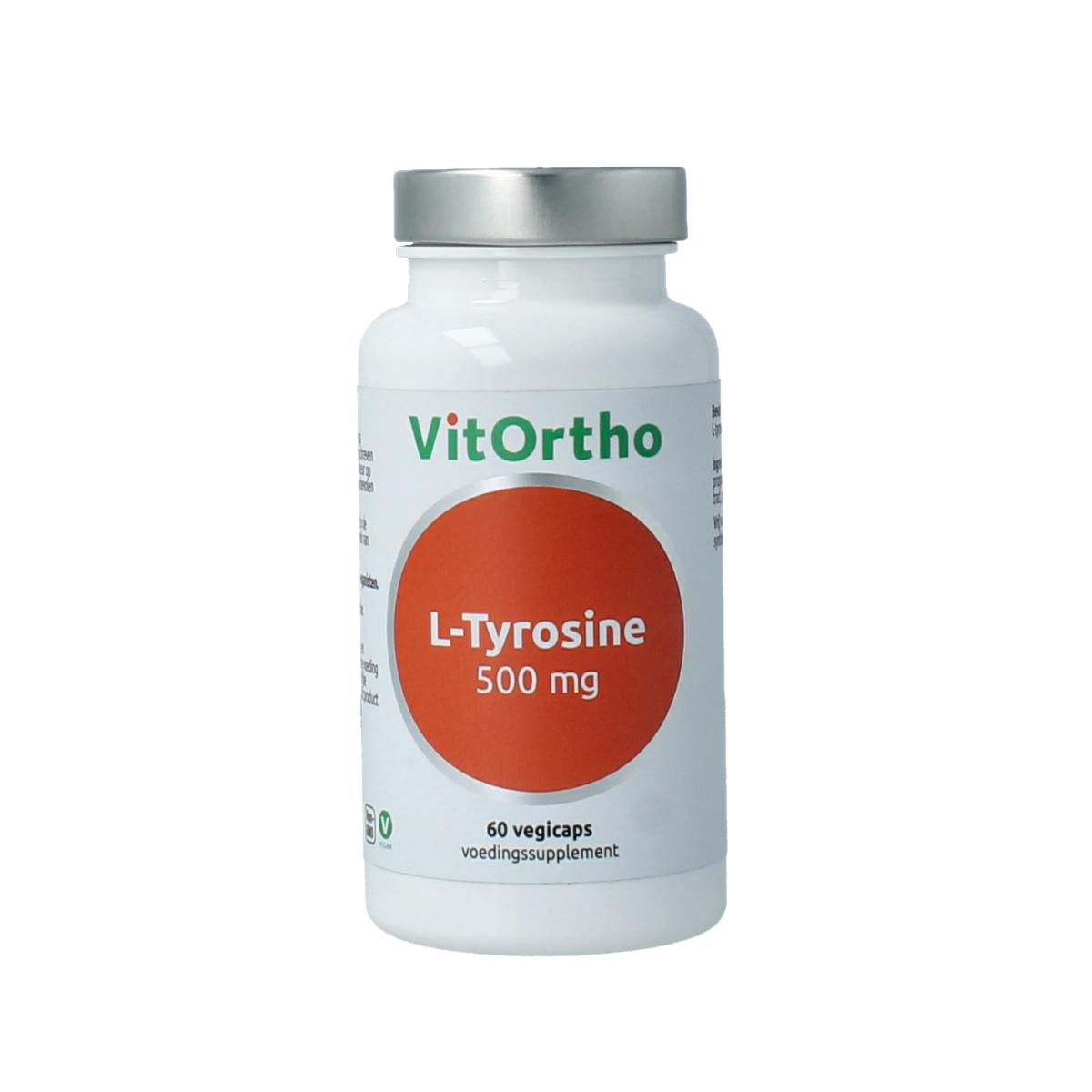 VitOrtho L-Tyrosine 500mg vegetarian capsules, amino acids supplement in clear bottle with label showing product details.