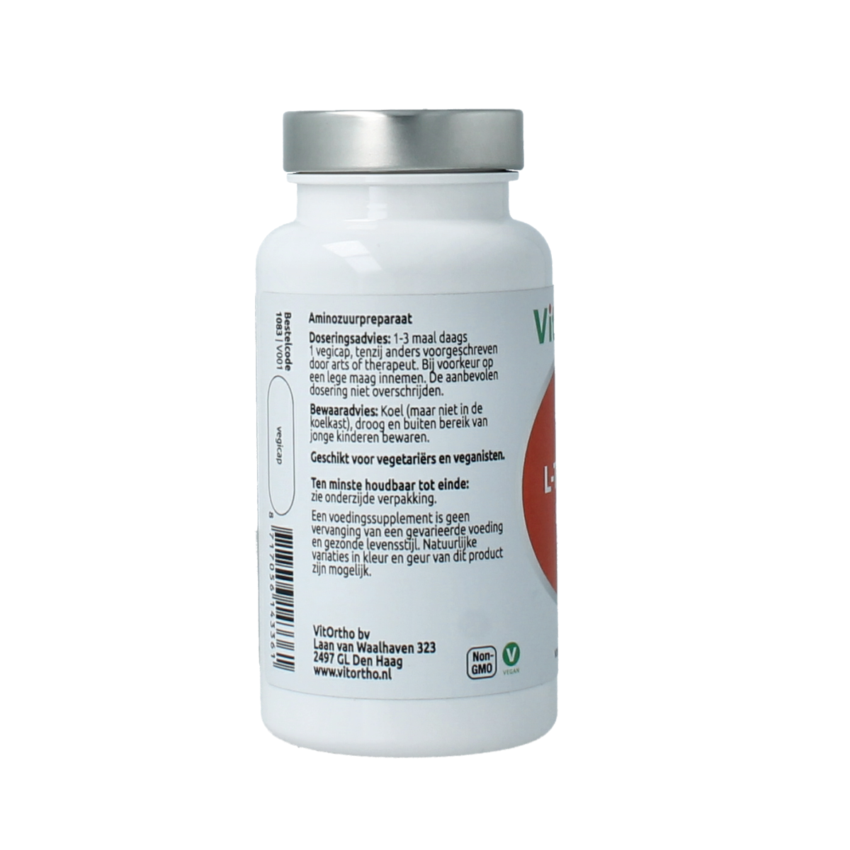 VitOrtho L-Tyrosine 500mg vegetarian capsules, dietary amino acid supplement, shown in transparent bottle with capsules inside.