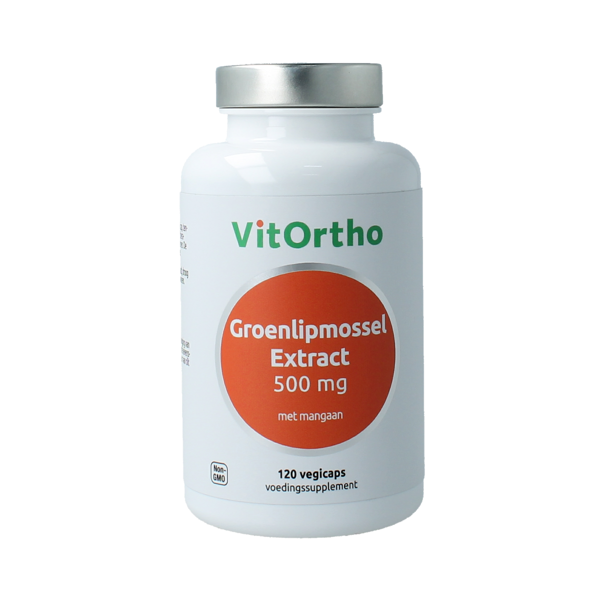 VitOrtho Groenlipmosselextract 500mg vegetarian capsules, omega-3 fatty acids supplement in a white bottle with label.