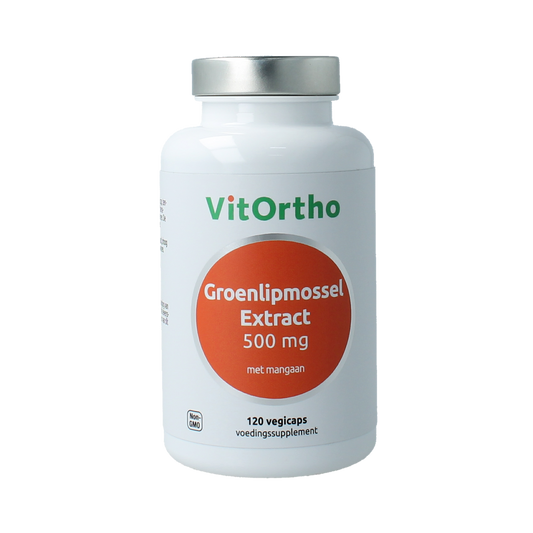 VitOrtho Groenlipmosselextract 500mg vegetarian capsules, omega-3 fatty acids supplement in a white bottle with label.
