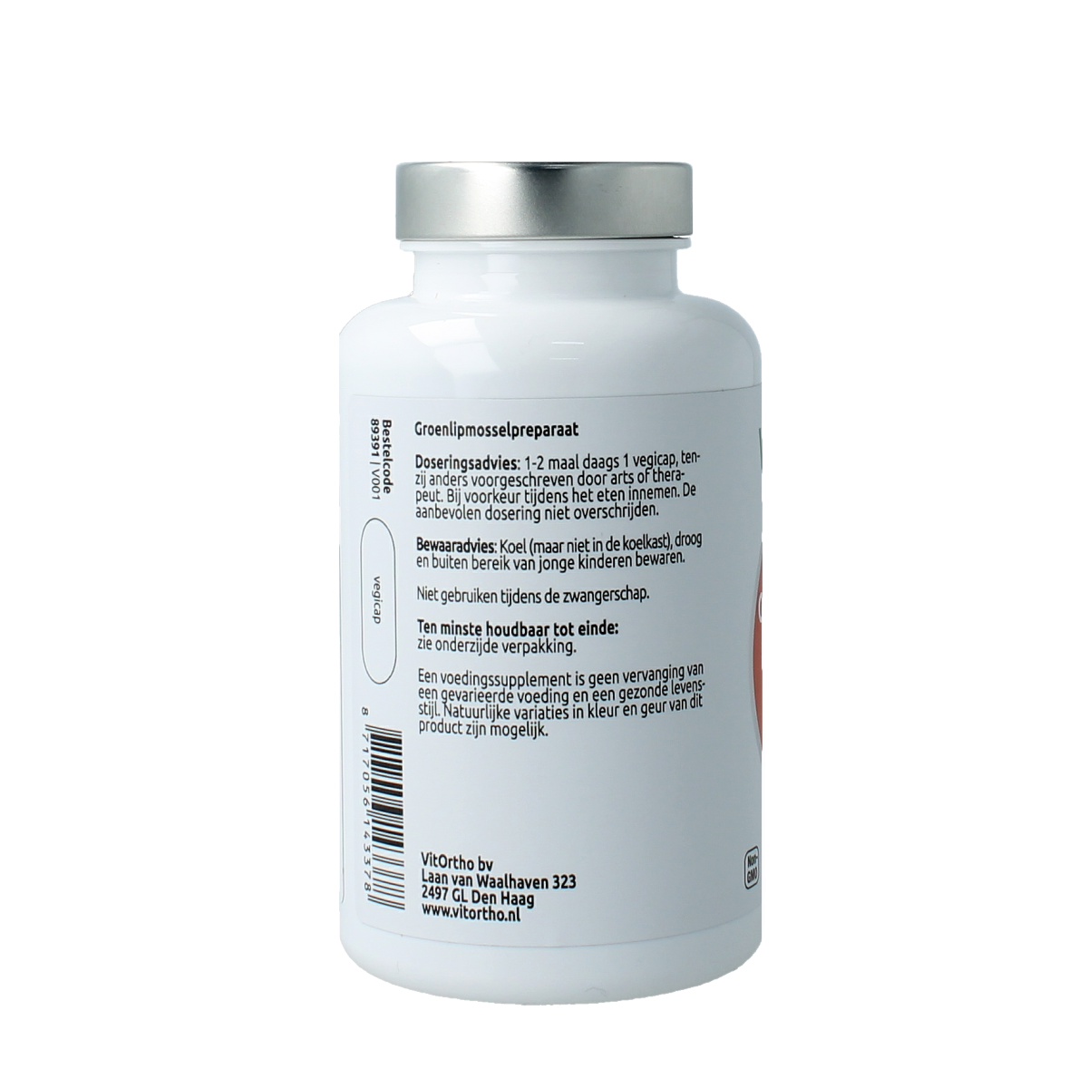 VitOrtho Groenlipmosselextract vegetarian capsules containing 500mg omega fatty acids, shown in a bottle with capsules.