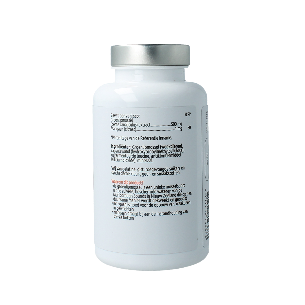 VitOrtho Groenlipmosselextract 500mg vegetarian capsules, showing the colorful bottle and capsules inside for joint health.