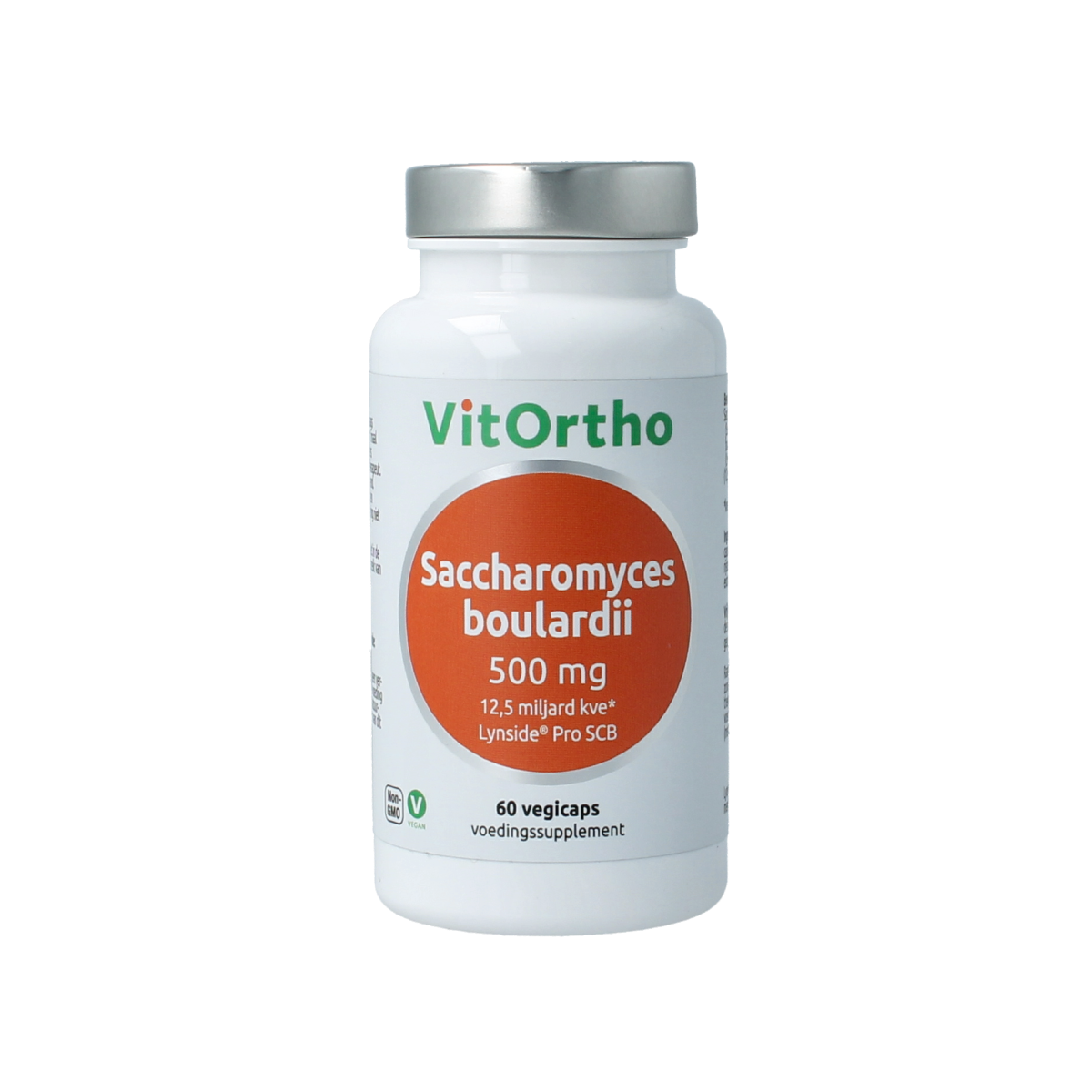 VitOrtho Saccharomyces boulardii vegetarian capsules, probiotic micro-organisms, 500mg, 60 capsules in the image.