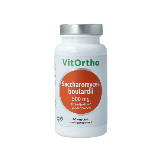 VitOrtho Saccharomyces boulardii vegetarian capsules, probiotic micro-organisms, 500mg, 60 capsules in the image.