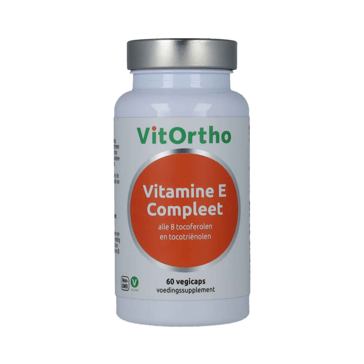 Vegetarian VitOrtho Vitamin E capsules in a bottle, close-up of the product label and capsules on a white background.