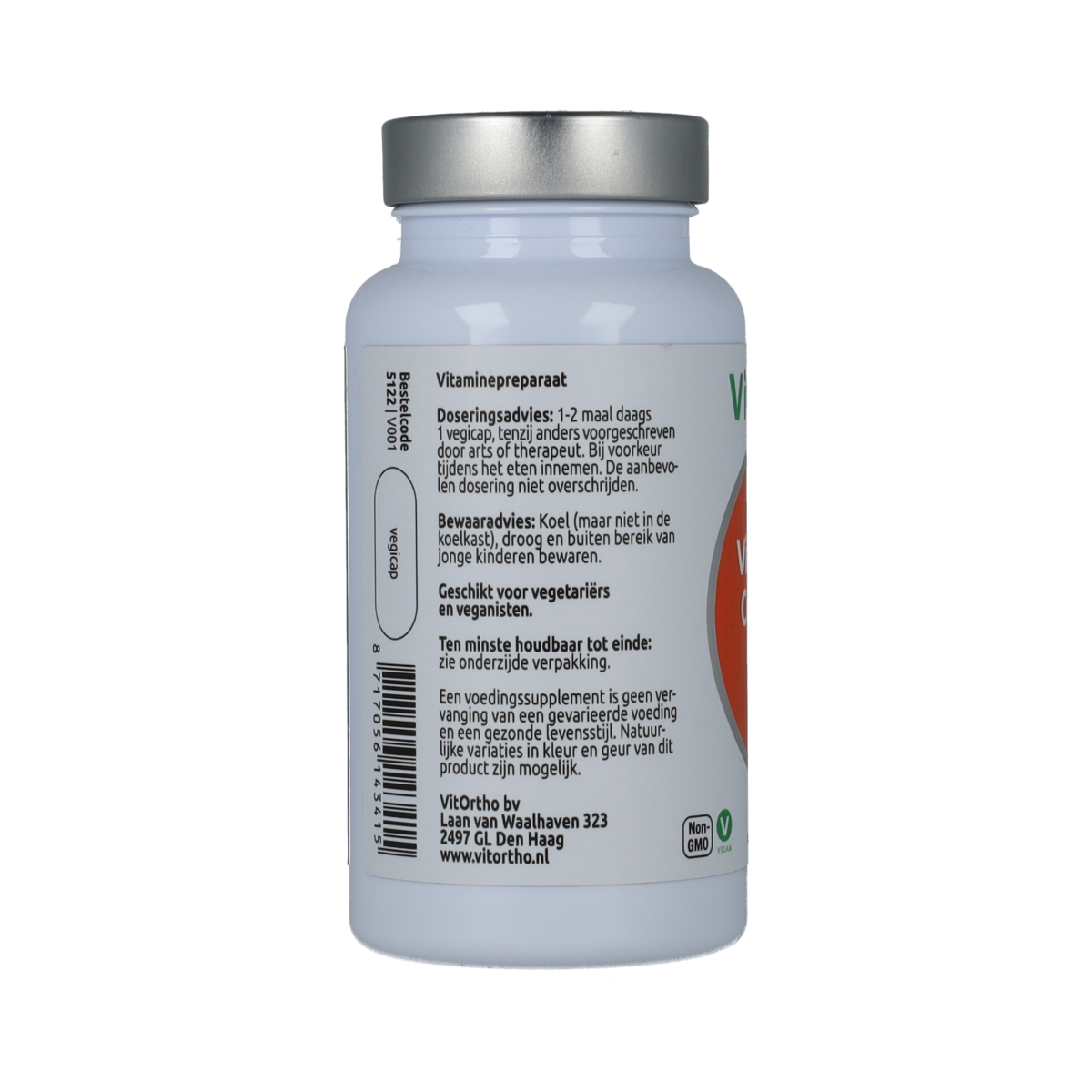 Vegetarische VitOrtho Vitamine E compleet capsules in a white bottle with a label, 60 vegetarian capsules for daily supplements.