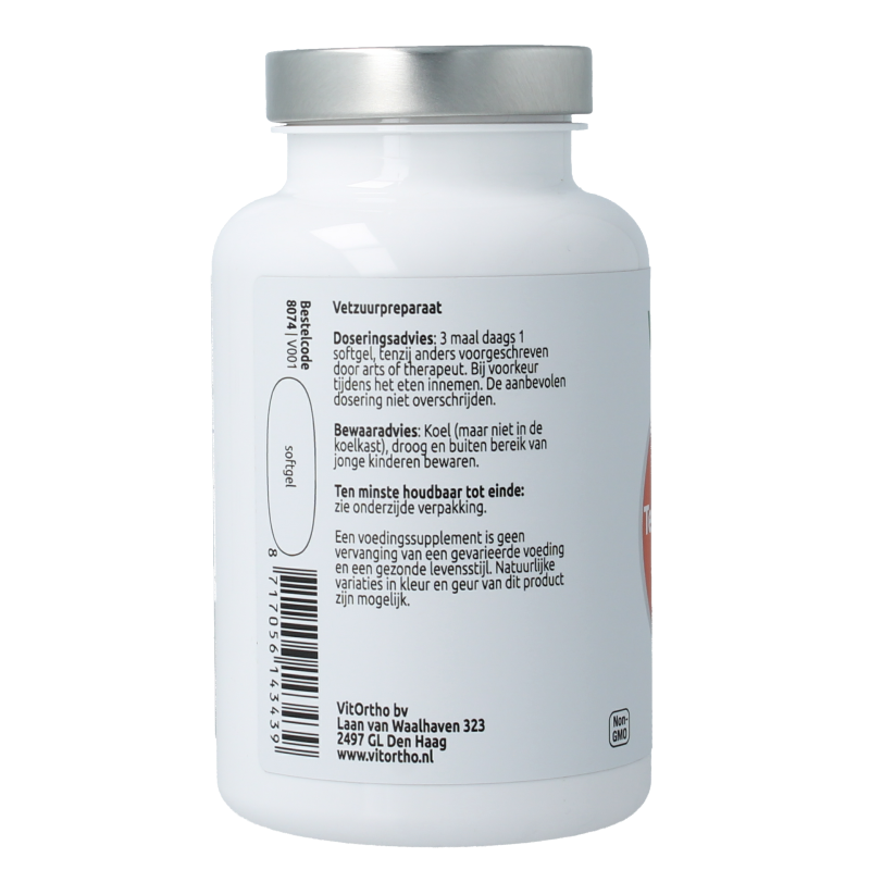 VitOrtho Teunisbloemolie 1000mg softgels, dietary supplement with herbal oil, shown in a bottle with softgel capsules.