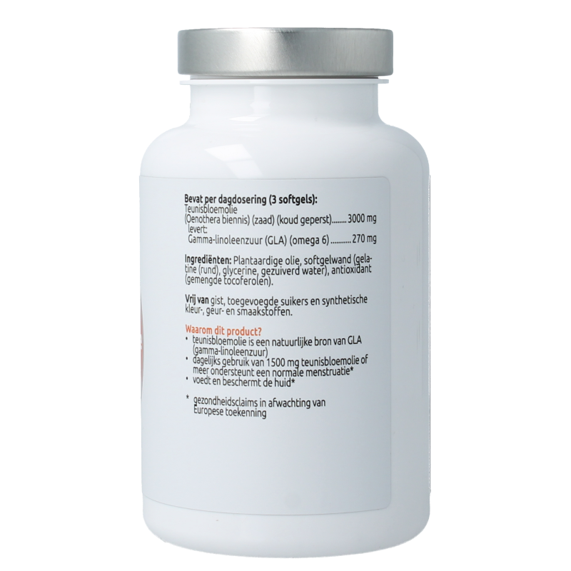 VitOrtho Teunisbloemolie 1000mg softgels, dietary supplement with 120 capsules for skin and hormonal health.