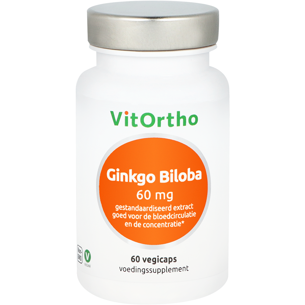 Bottle of VitOrtho Ginkgo Biloba vegetarian capsules, a herbal supplement for focus and mental clarity.