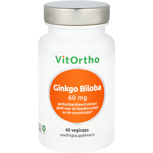 Bottle of VitOrtho Ginkgo Biloba vegetarian capsules, a herbal supplement for focus and mental clarity.