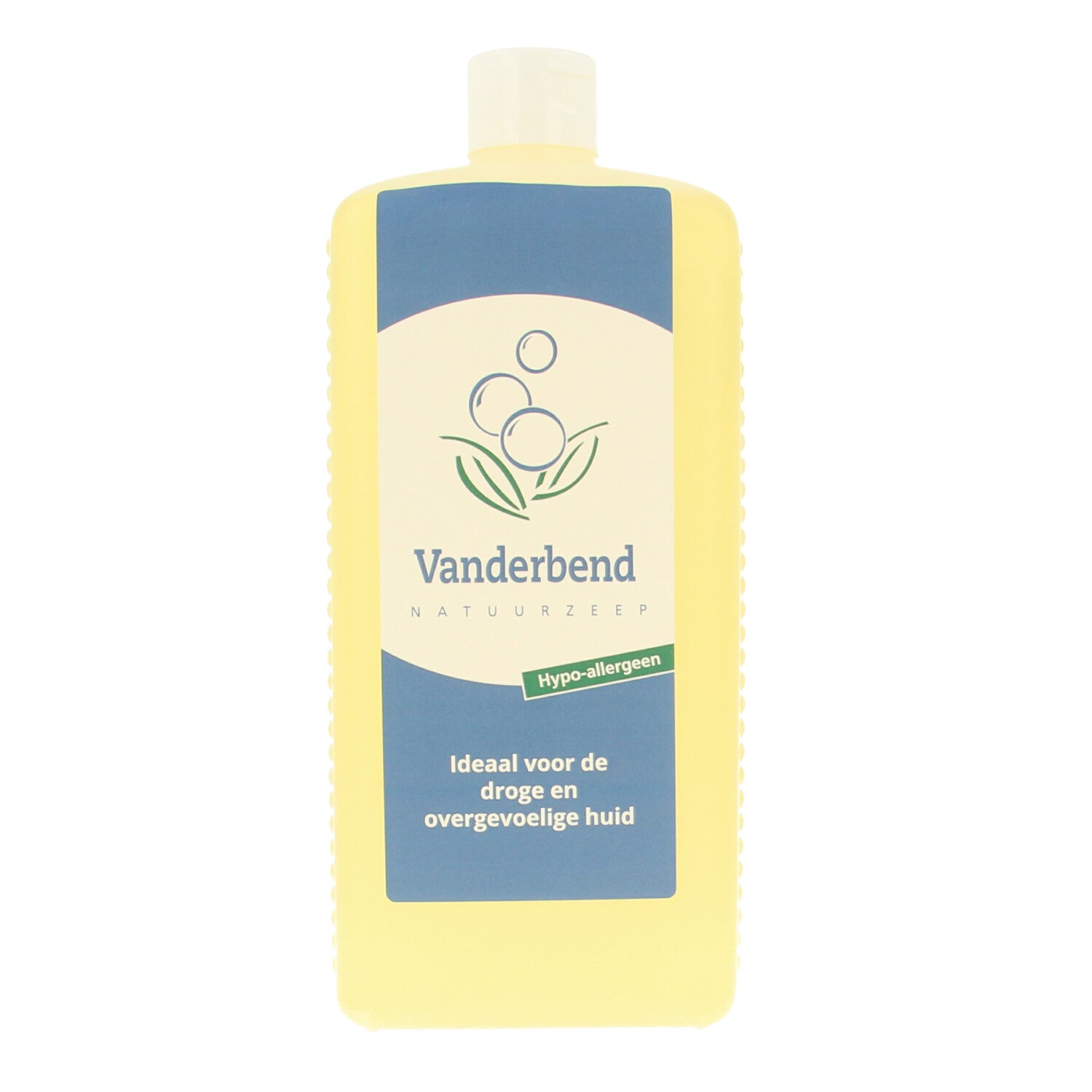 Van Der Bend liquid soap in a 1-liter bottle, showing the clear soap and label on the transparent bottle.