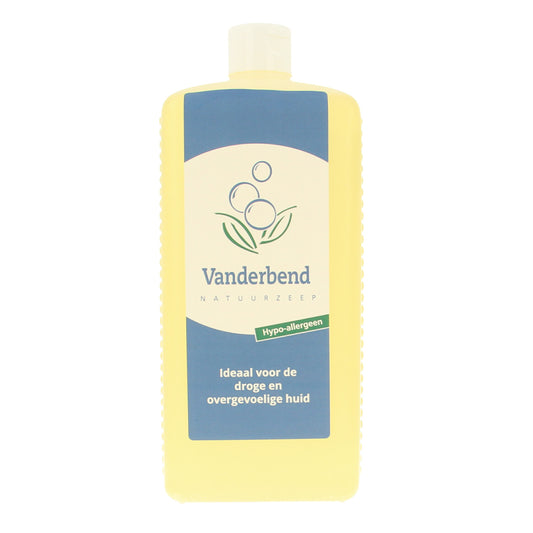 Van Der Bend liquid soap in a 1-liter bottle, showing the clear soap and label on the transparent bottle.