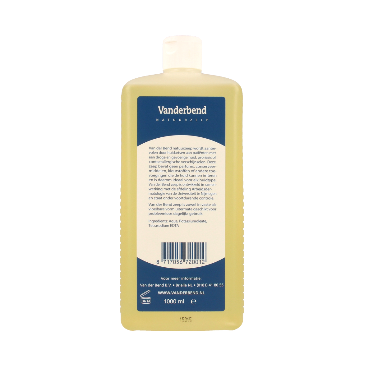 Van Der Bend liquid soap in a 1-liter bottle with a pump dispenser, featuring a clean, modern design and light blue color.