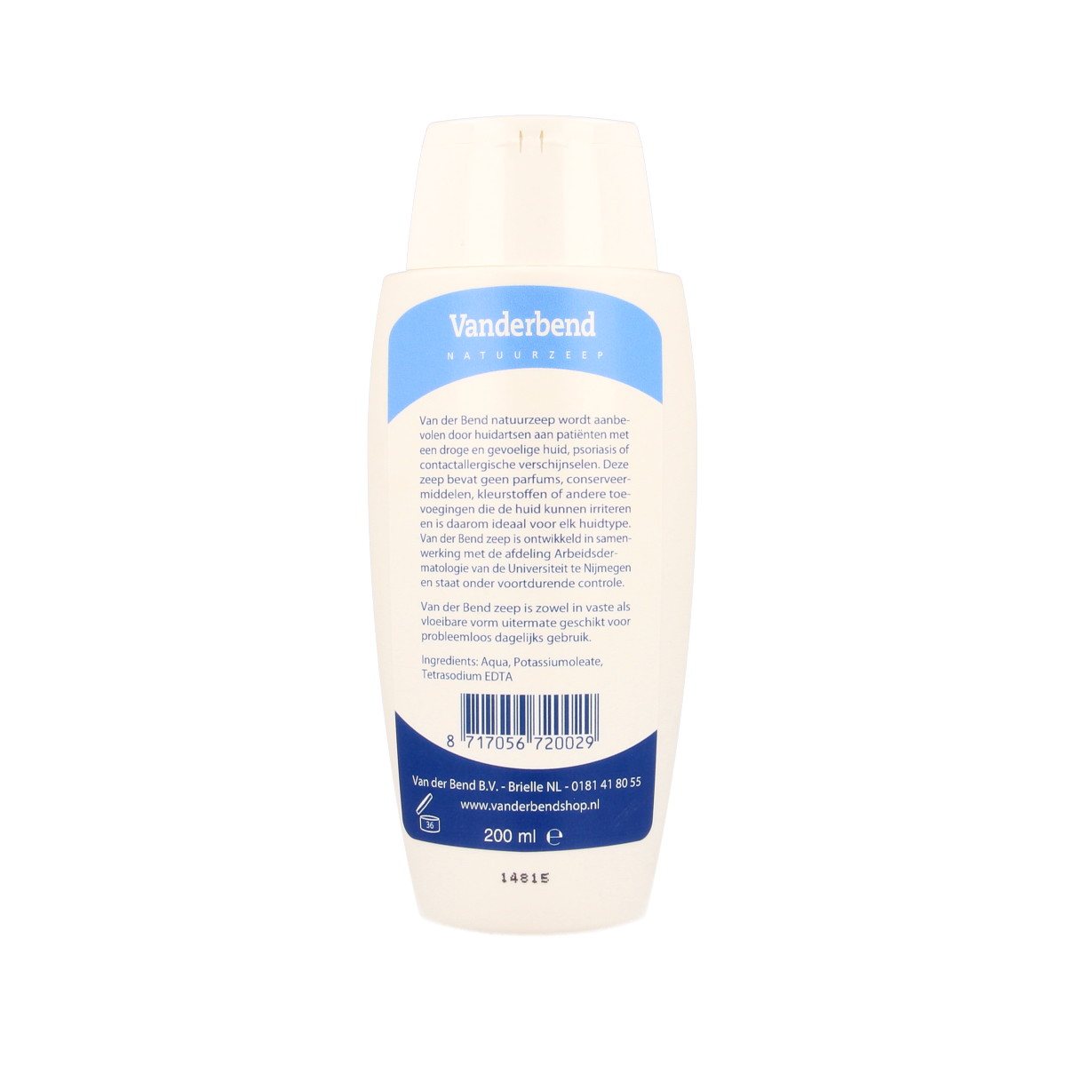 Van Der Bend liquid soap in a 200ml bottle, featuring a clear dispenser and label, suitable for handwashing and skincare.