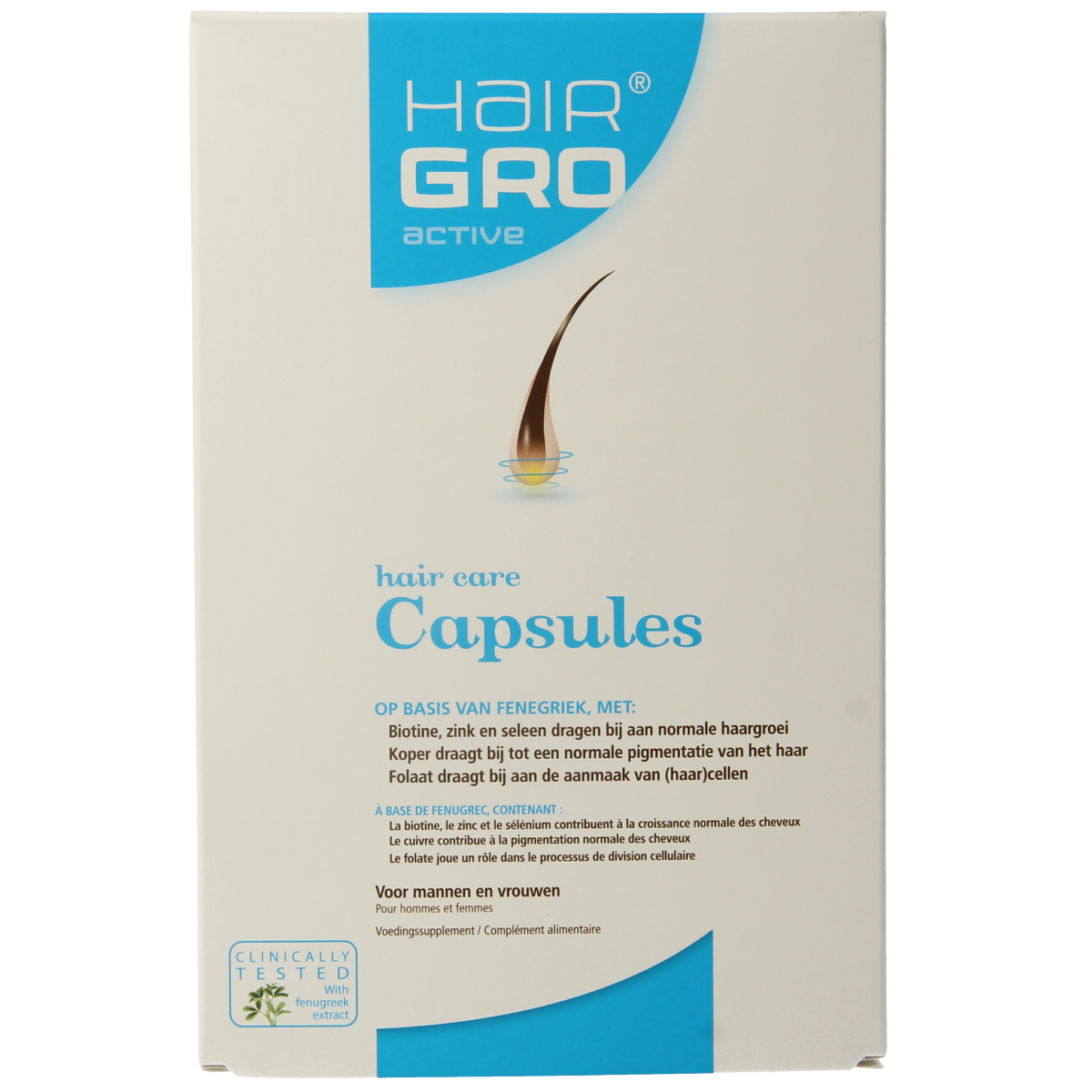 Hairgro Active multivitamin capsules for hair growth, featuring 60 capsules in a clear container with colorful label and branding.