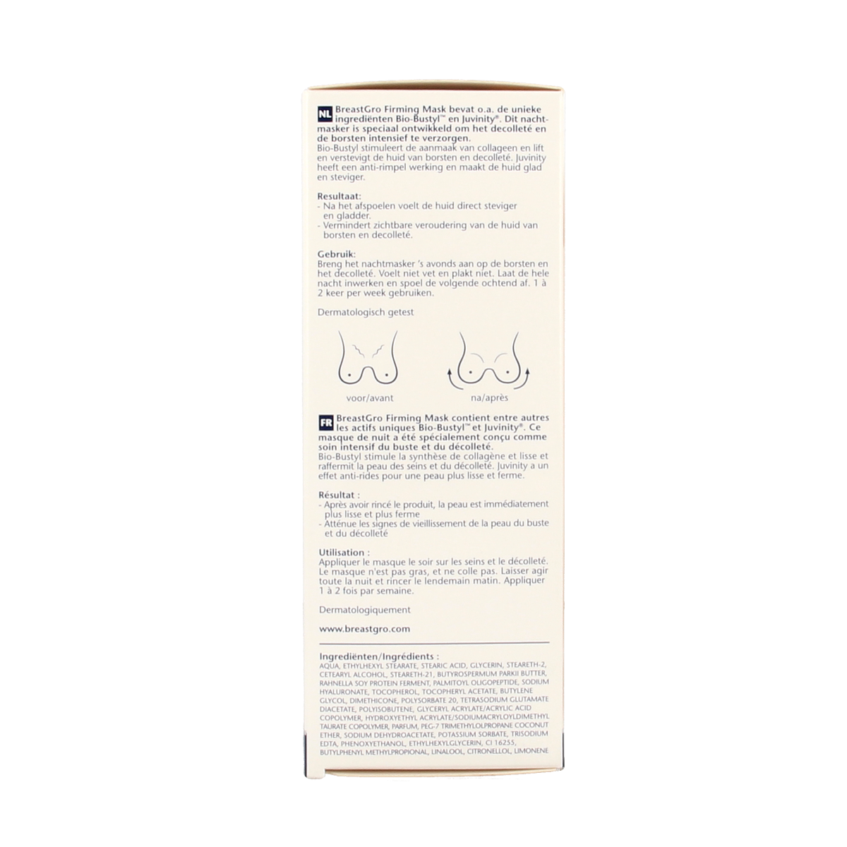 Breast Gro Firming Mask in 75ml container, a body care product designed to improve skin firmness and texture.