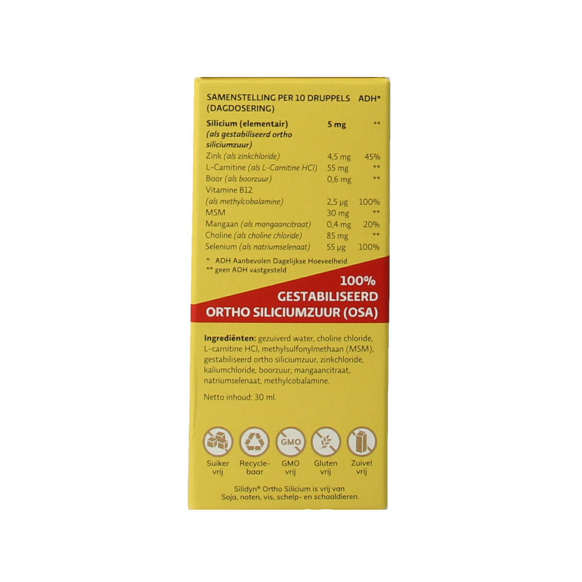 Silidyn Ortho Silicium mineral drops in 30ml bottle, showing the product label with clear branding and dosage information.