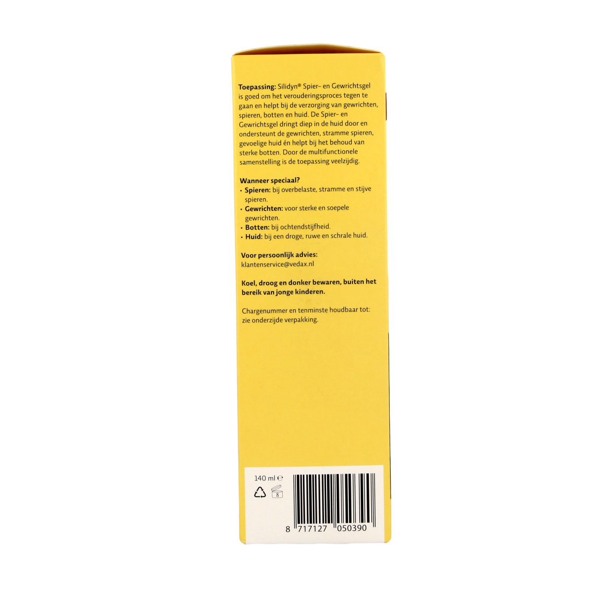Silidyn spier- en gewrichtsgel in 140ml tube, soothing gel for muscle and joint relief, with brand logo visible.