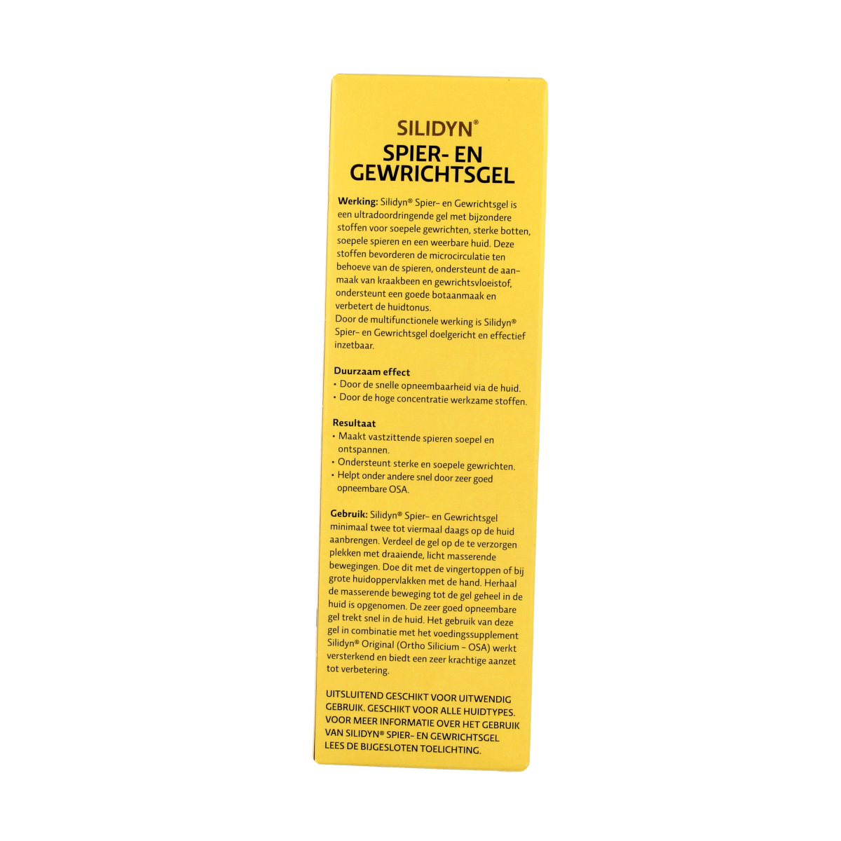 Silidyn spier- en gewrichtsgel in 140ml tube, soothing muscle and joint care gel, visible tube with branding and product details.