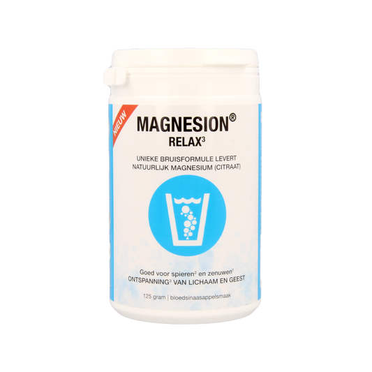 Magnesion Relax herbal supplement box with 125g of kruidenpreparaten, featuring natural ingredients and product branding.