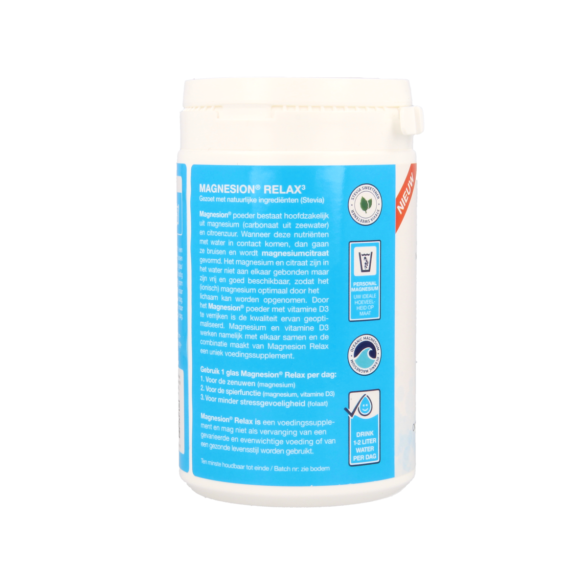 Magnesion Relax herbal supplement container with 125g of kruidenpreparaten, featuring the Magnesion brand label and product information.