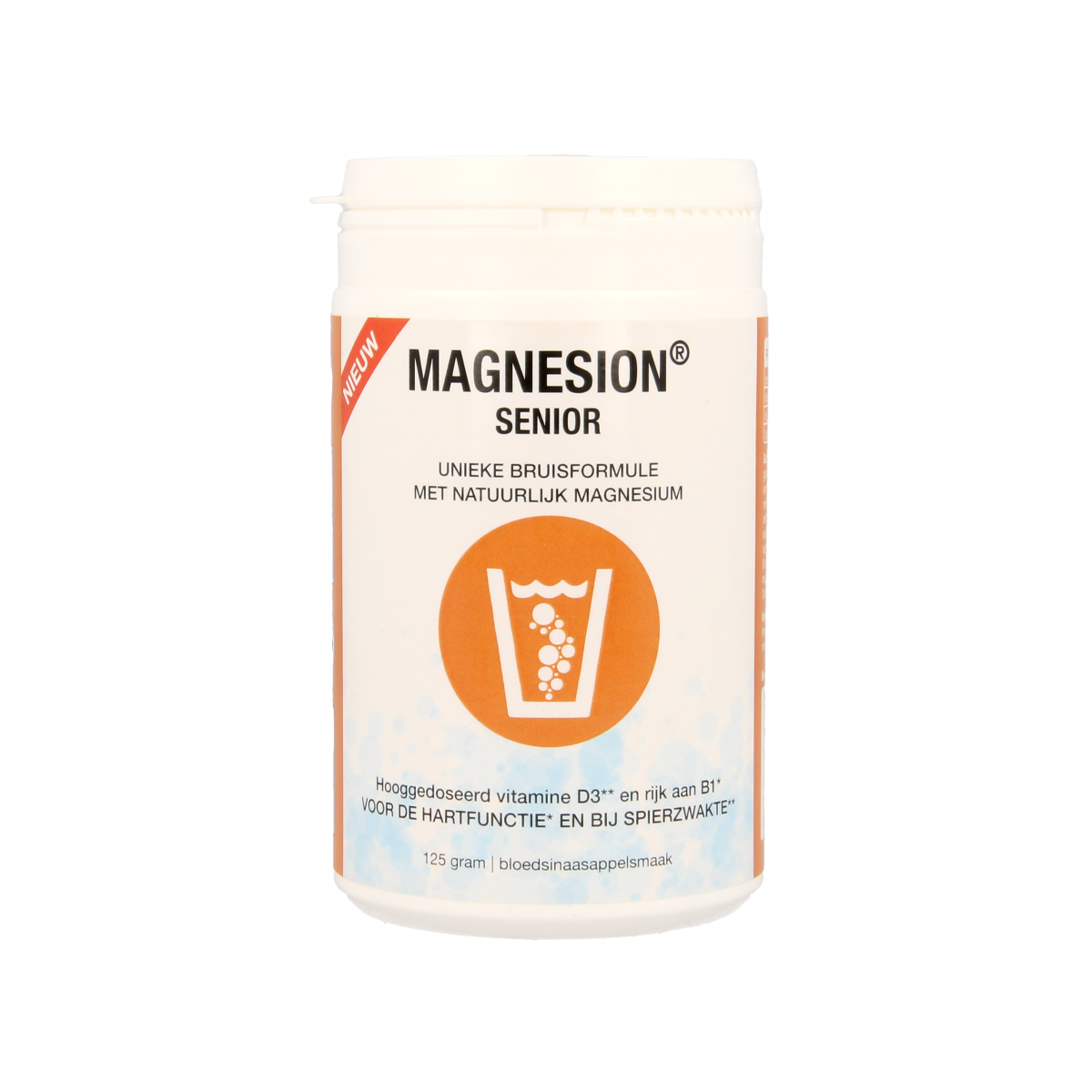 Magnesion Senior mineral supplement in 125g container, featuring a colorful label with natural mineral ingredients.